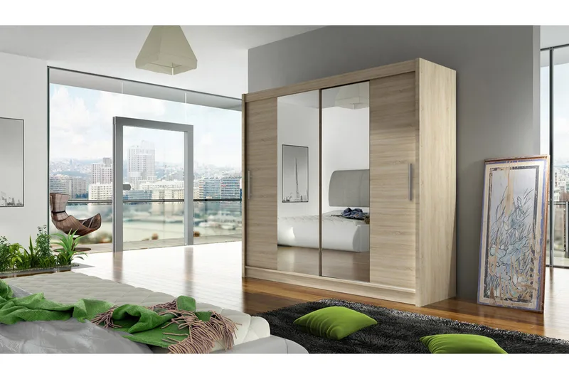 Garderobe London Skyvedører Smaltt Speil - Eik / Speil - Oppbevaring - Garderober & garderobesystem