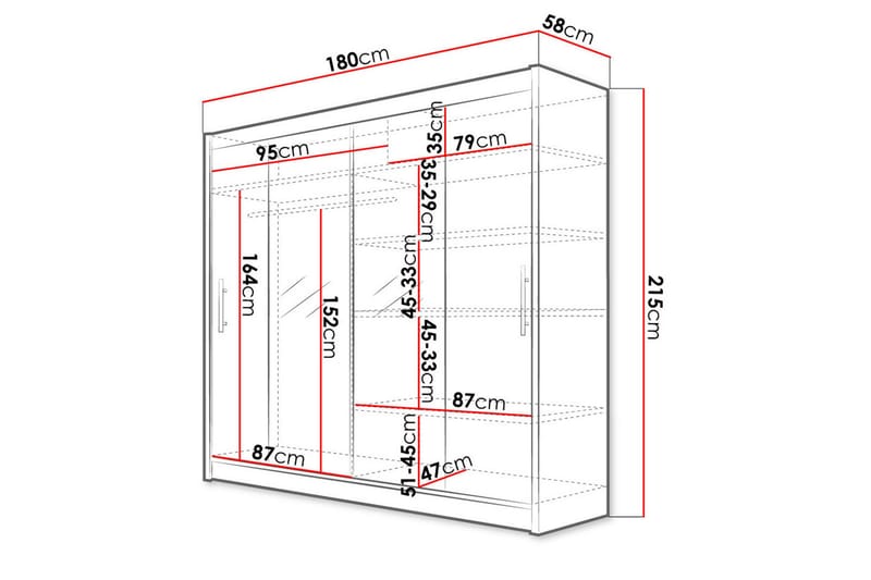 Garderobe London Skyvedører Smaltt Speil - Hvit - Oppbevaring - Garderober & garderobesystem