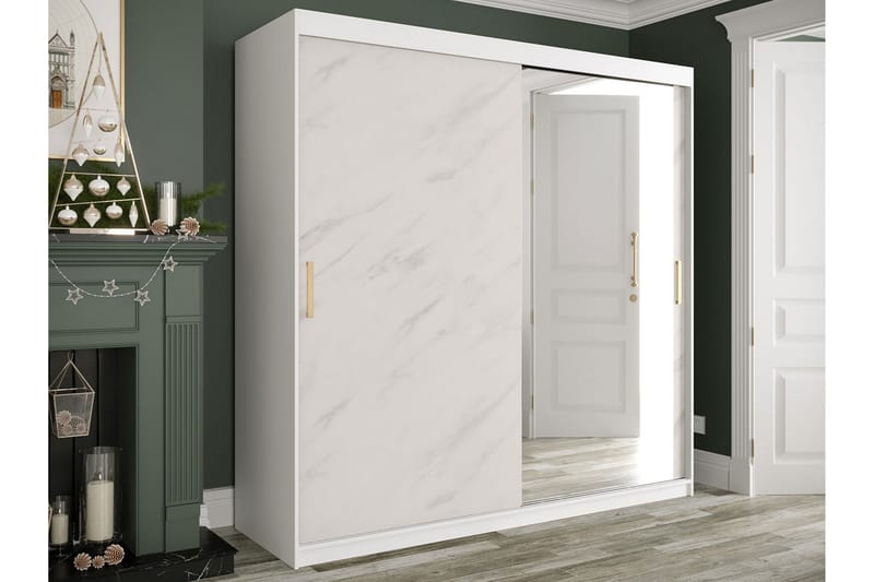 Garderobe med Speil Marmesa 200 cm Marmormønster - Hvit/Gull - Garderober & garderobesystem