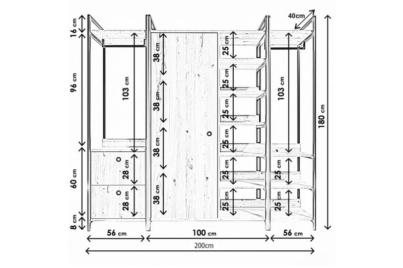 Garderobe Okan 200x40 cm - Natur / Svart - Garderober & garderobesystem