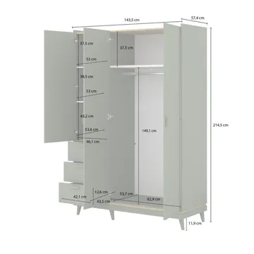 Garderobe Scandi 3 dører med 3 skuffer - Dempet grønn - Oljet eik - Oppbevaring - Garderober & garderobesystem