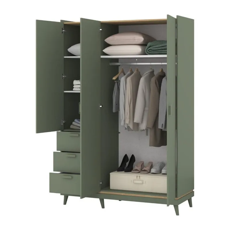Garderobe Scandi 3 dører med 3 skuffer - Dempet grønn - Oljet eik - Oppbevaring - Garderober & garderobesystem