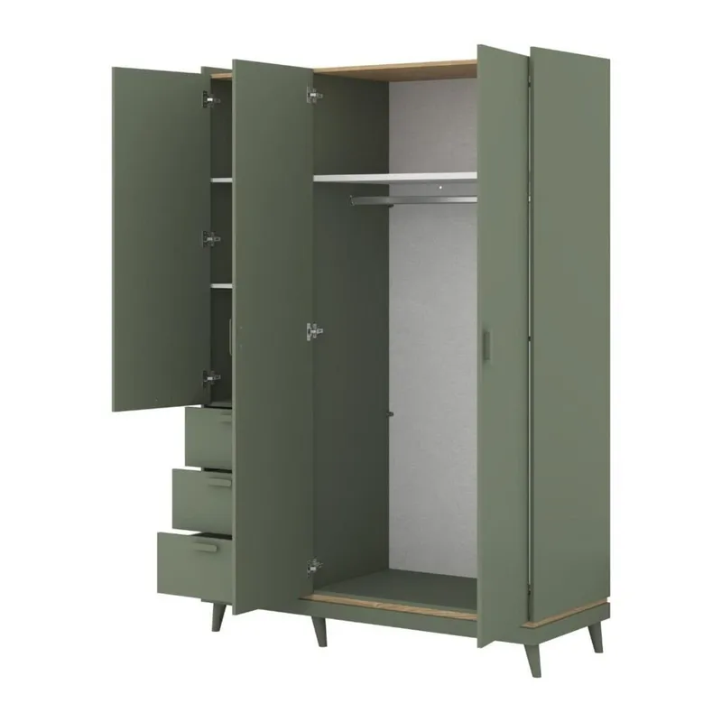 Garderobe Scandi 3 dører med 3 skuffer - Dempet grønn - Oljet eik - Oppbevaring - Garderober & garderobesystem