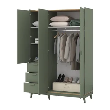 Garderobe Scandi 3 dører med 3 skuffer - Falmet grønn - Oljet eik - Oppbevaring - Garderober & garderobesystem