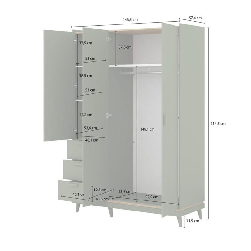 Garderobe Scandi 3 dører med 3 skuffer - Falmet grønn - Oljet eik - Oppbevaring - Garderober & garderobesystem