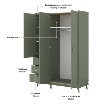 Garderobe Scandi 3 dører med 3 skuffer - Falmet grønn - Oljet eik - Oppbevaring - Garderober & garderobesystem