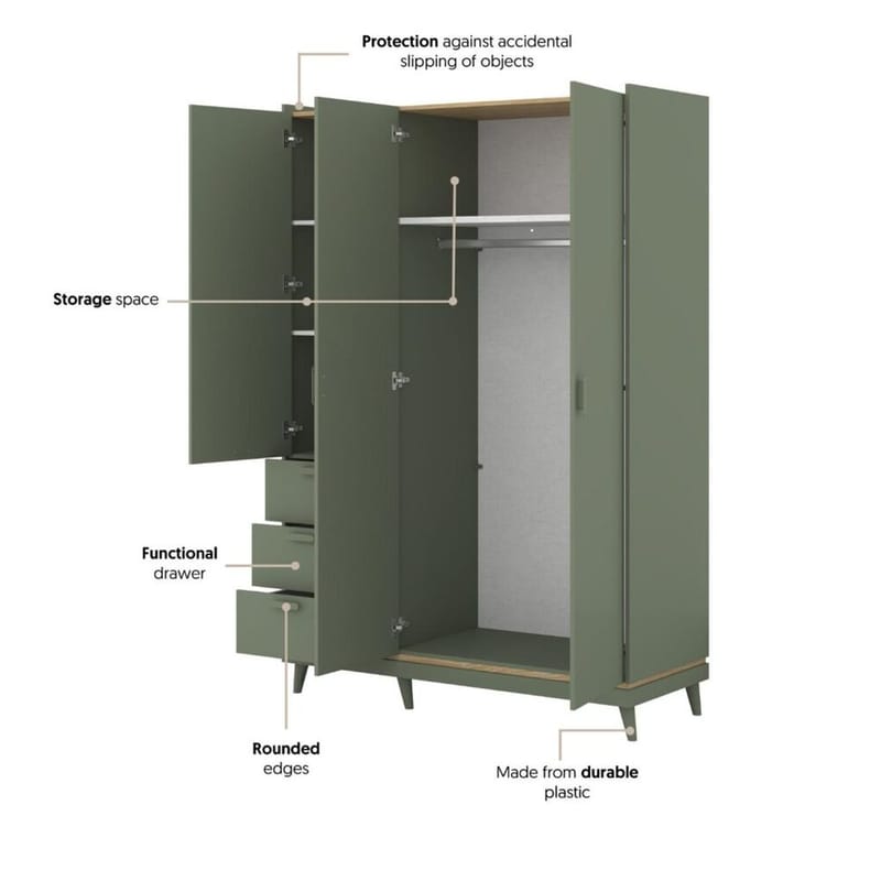 Garderobe Scandi 3 dører med 3 skuffer - Falmet grønn - Oljet eik - Oppbevaring - Garderober & garderobesystem