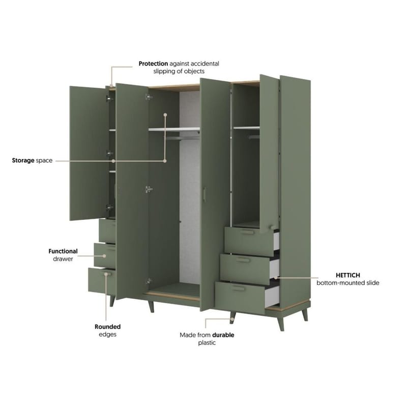 Garderobe Skandi 4 dører med 6 skuffer - Falmet Grønn - Oljet Eik - Oppbevaring - Garderober & garderobesystem