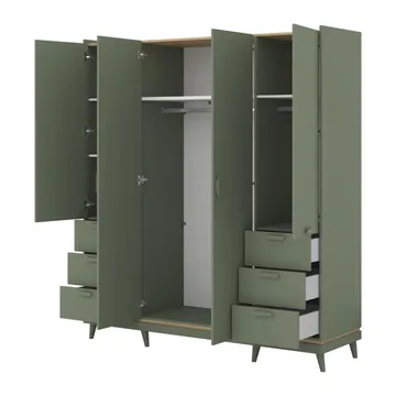 Garderobe Skandi 4 dører med 6 skuffer - Falmet Grønn - Oljet Eik - Oppbevaring - Garderober & garderobesystem