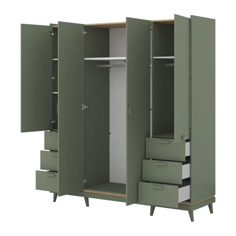 Garderobe Skandi 4 dører med 6 skuffer - Falmet Grønn - Oljet Eik - Oppbevaring - Garderober & garderobesystem