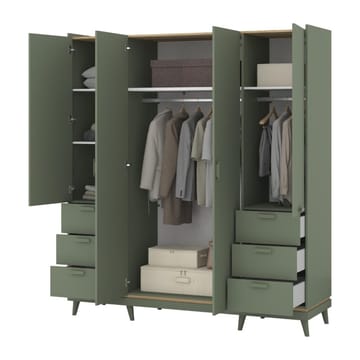 Garderobe Skandi 4 dører med 6 skuffer - Falmet Grønn - Oljet Eik - Oppbevaring - Garderober & garderobesystem