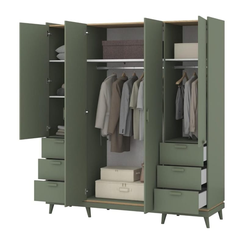 Garderobe Skandi 4 dører med 6 skuffer - Falmet Grønn - Oljet Eik - Oppbevaring - Garderober & garderobesystem