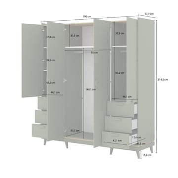 Garderobe Skandi 4 dører med 6 skuffer - Falmet Grønn - Oljet Eik - Oppbevaring - Garderober & garderobesystem