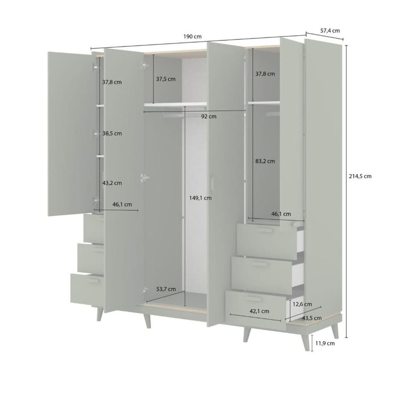 Garderobe Skandi 4 dører med 6 skuffer - Falmet Grønn - Oljet Eik - Oppbevaring - Garderober & garderobesystem