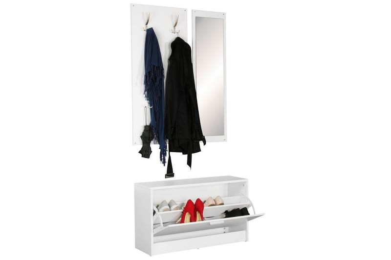 Garderobe Wohnling Vegghengt knaggrekke med speil, skohylle, sponplate, moderne Hvit - Hvit - Oppbevaring - Garderober & garderobesystem - Garderobeinnredning - Skohylle garderobe