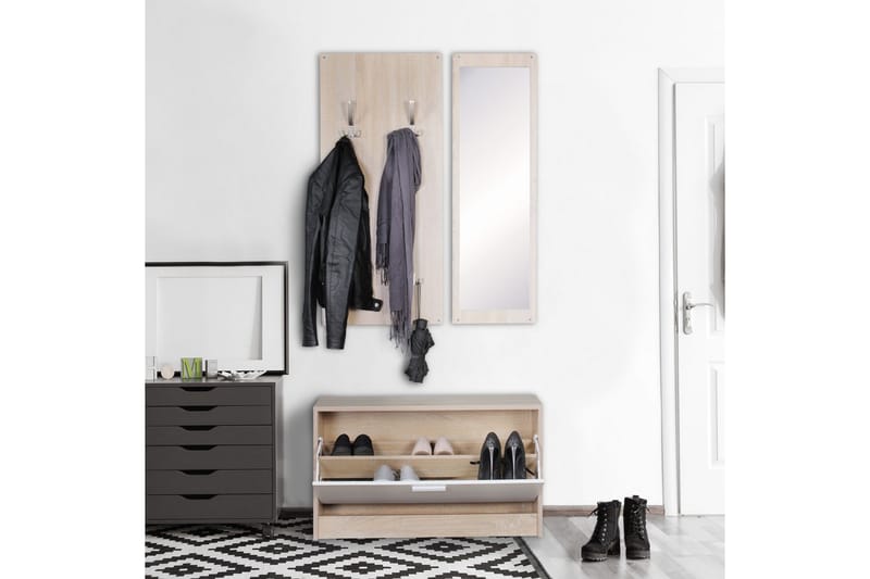Garderobe Wohnling Vegghengt knaggrekke med speil, skohylle, sponplate, moderne Sonoma - Sonoma - Oppbevaring - Garderober & garderobesystem - Garderobeinnredning - Skohylle garderobe