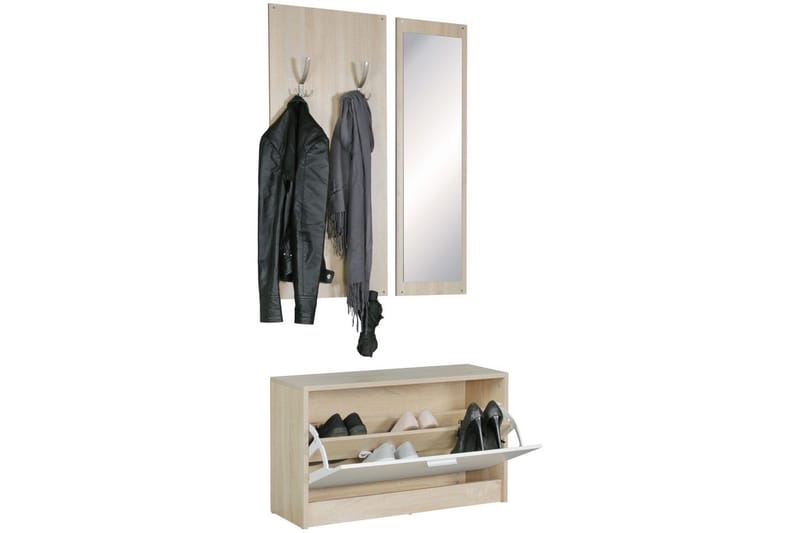 Garderobe Wohnling Vegghengt knaggrekke med speil, skohylle, sponplate, moderne Sonoma - Sonoma - Oppbevaring - Garderober & garderobesystem - Garderobeinnredning - Skohylle garderobe