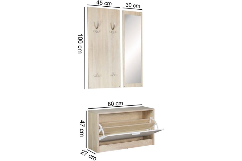 Garderobe Wohnling Vegghengt knaggrekke med speil, skohylle, sponplate, moderne Sonoma - Sonoma - Oppbevaring - Garderober & garderobesystem - Garderobeinnredning - Skohylle garderobe