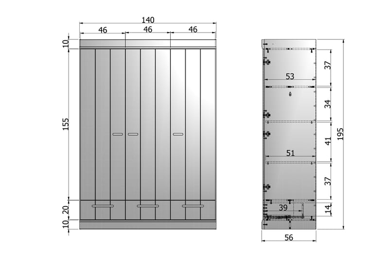 Garderobe Floella 140 cm 3 Dører 3 Skuffer - Hvit Furu - Oppbevaring - Garderober & garderobesystem - Garderobeskap