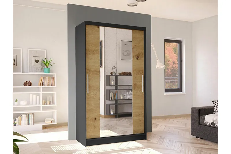 Glenmore Garderobe med Speil 100 cm i Malt Tre - Sort - Oppbevaring - Garderober & garderobesystem