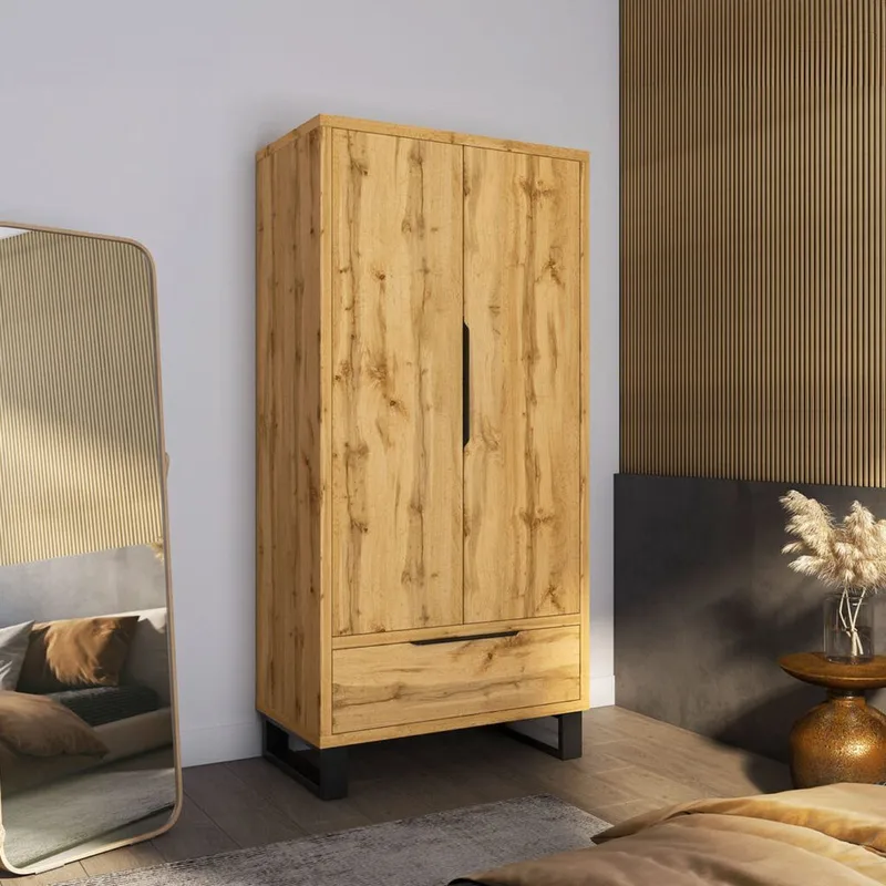 Halle Garderobe 99 cm med 2 Dører og 1 Skuff i Eik - Beige - Oppbevaring - Garderober & garderobesystem