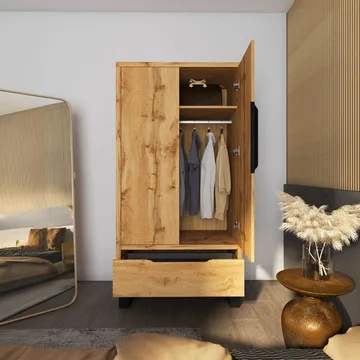 Halle Garderobe 99 cm med 2 Dører og 1 Skuff i Eik - Beige - Oppbevaring - Garderober & garderobesystem