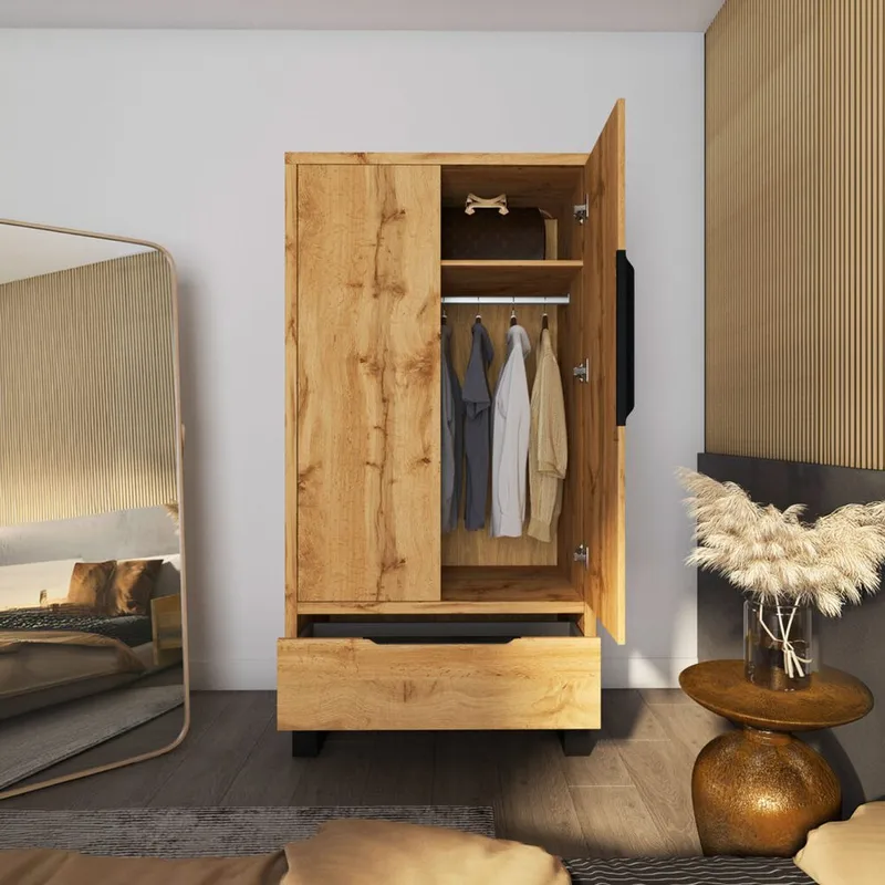 Halle Garderobe 99 cm med 2 Dører og 1 Skuff i Eik - Beige - Oppbevaring - Garderober & garderobesystem