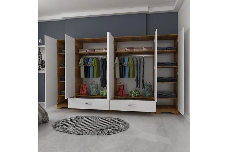 Jaitun Garderobe 243x181 cm Hvit/Brun - Hanah Home - Oppbevaring - Garderober & garderobesystem