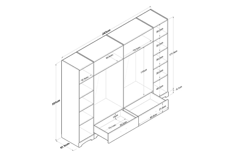 Jaitun Garderobe 243x181 cm Hvit/Brun - Hanah Home - Oppbevaring - Garderober & garderobesystem
