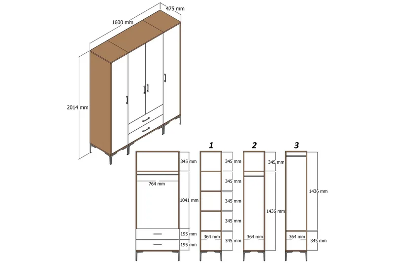 Kumsal Garderobe 160 cm - Valnøtt - Oppbevaring - Garderober & garderobesystem