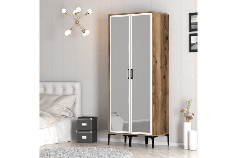 Kumsal Garderobe med Speil - Brun/Hvit - Oppbevaring - Garderober & garderobesystem