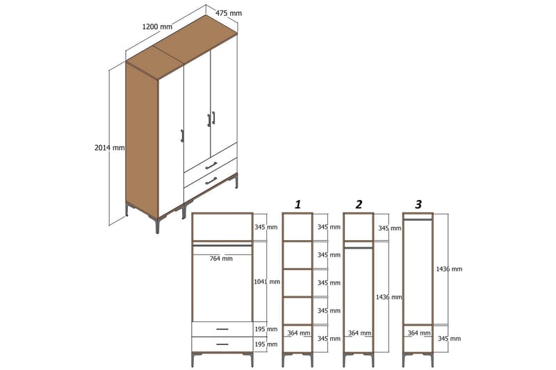 Kumsal Garderobe med Speil - Brun/Hvit - Oppbevaring - Garderober & garderobesystem