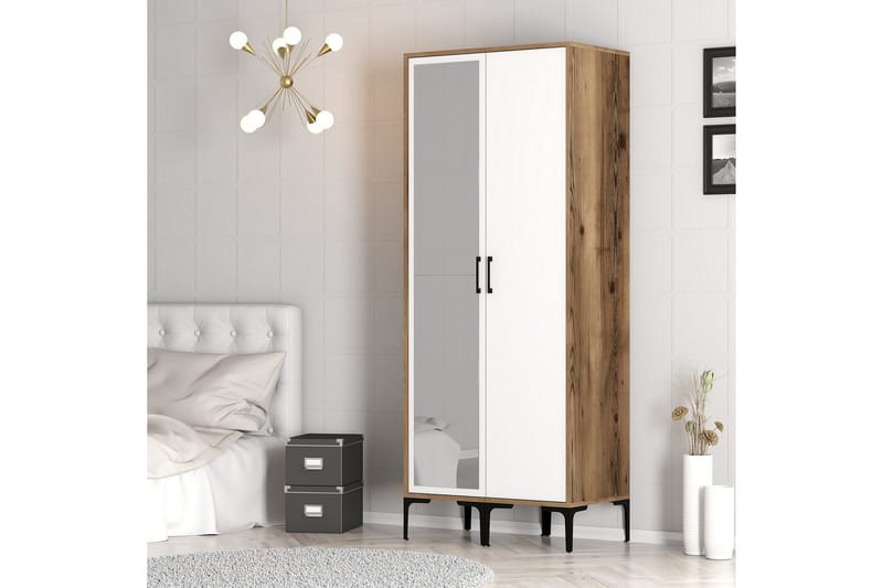 Kumsal Garderobe med Speil - Brun/Hvit - Oppbevaring - Garderober & garderobesystem