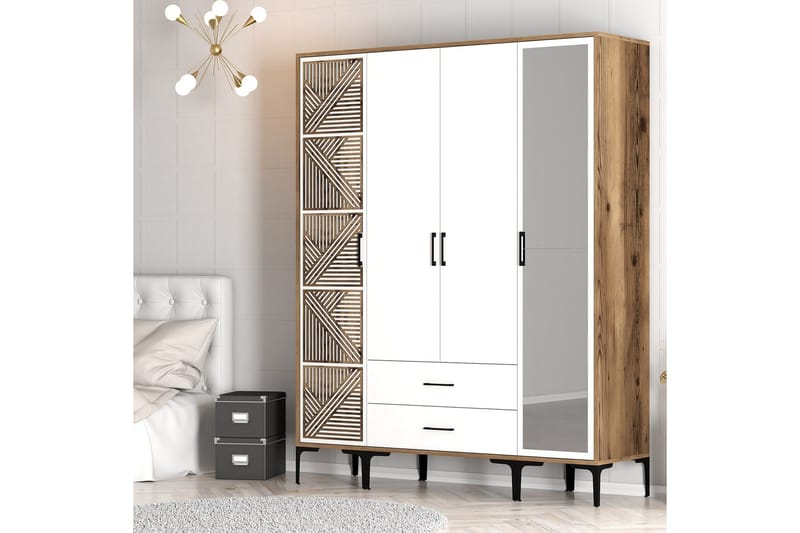 Kumsal Garderobe med Speil - Hvit/Brun - Oppbevaring - Garderober & garderobesystem