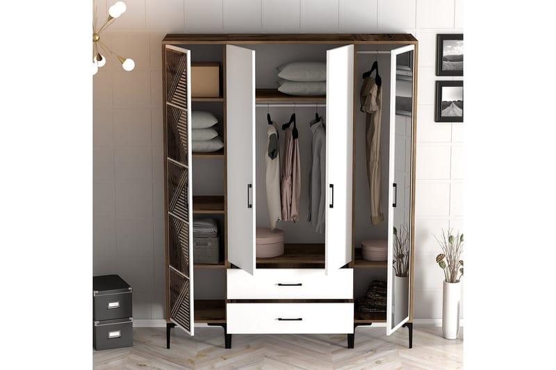 Kumsal Garderobe med Speil - Hvit/Brun - Oppbevaring - Garderober & garderobesystem