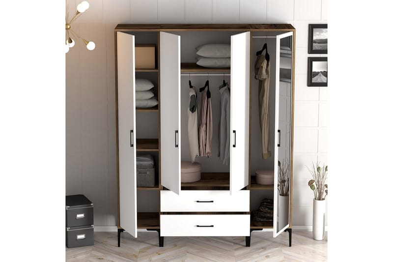 Kumsal Garderobe med Speil - Hvit/Brun - Oppbevaring - Garderober & garderobesystem