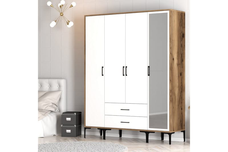 Kumsal Garderobe med Speil - Hvit/Brun - Oppbevaring - Garderober & garderobesystem