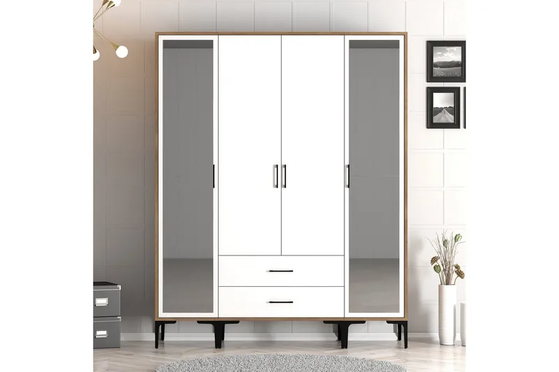 Kumsal Garderobe med Speil - Hvit/Brun - Oppbevaring - Garderober & garderobesystem