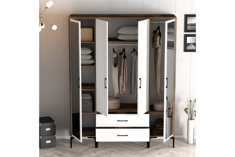 Kumsal Garderobe med Speil - Hvit/Brun - Oppbevaring - Garderober & garderobesystem
