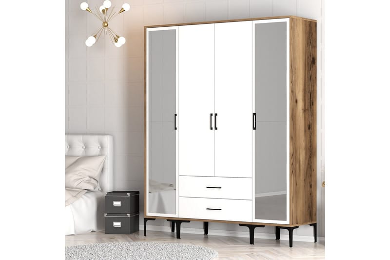 Kumsal Garderobe med Speil - Hvit/Brun - Oppbevaring - Garderober & garderobesystem