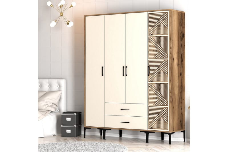 Kumsal Garderobeskap 160 cm i Malt Tre - Hvit - Oppbevaring - Garderober & garderobesystem