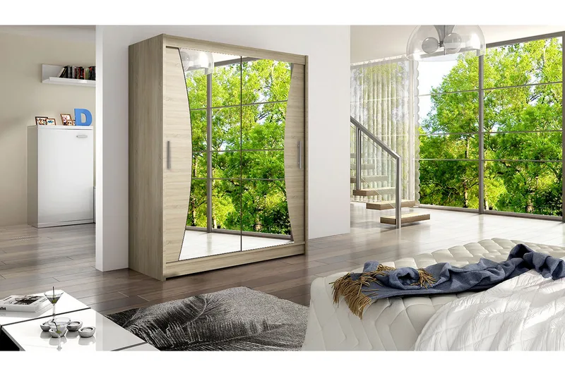 Leila Garderobe 150 cm Skyvedører Buet Speil - Eik - Oppbevaring - Garderober & garderobesystem