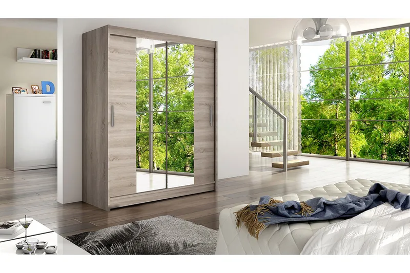 Leila Garderobe 150 cm Skyvedører Smalt Speil - Eik - Oppbevaring - Garderober & garderobesystem