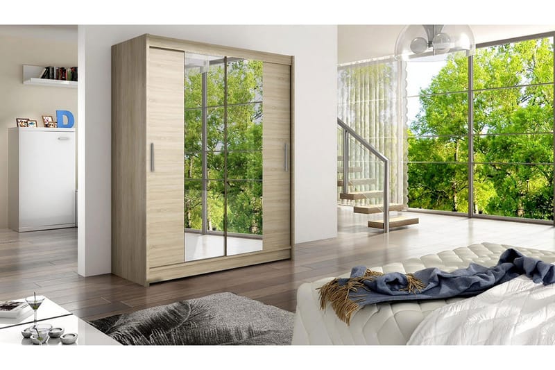 Leila Garderobe 150 cm Skyvedører Smalt Speil - Lys Eik - Oppbevaring - Garderober & garderobesystem