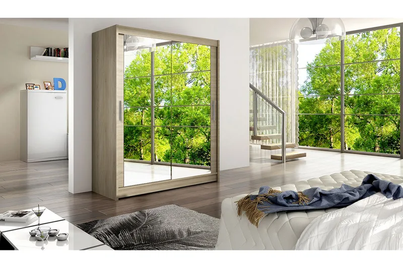Leila Garderobe 150 cm Skyvedører Speil - Eik - Oppbevaring - Garderober & garderobesystem