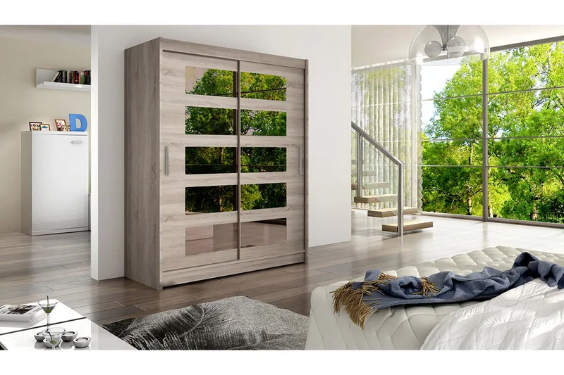 Leila Garderobe Skyvedører 5-Delt Speil - Eik - Oppbevaring - Garderober & garderobesystem