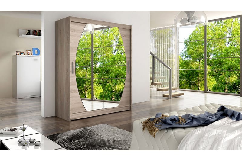 Leila Garderobe Skyvedører Rundtt Speil - Eik - Oppbevaring - Garderober & garderobesystem