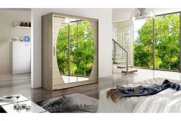 Leila Garderobe Skyvedører Rundtt Speil - Lys Eik - Oppbevaring - Garderober & garderobesystem