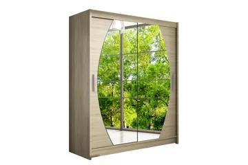 Leila Garderobe Skyvedører Rundtt Speil - Lys Eik - Oppbevaring - Garderober & garderobesystem