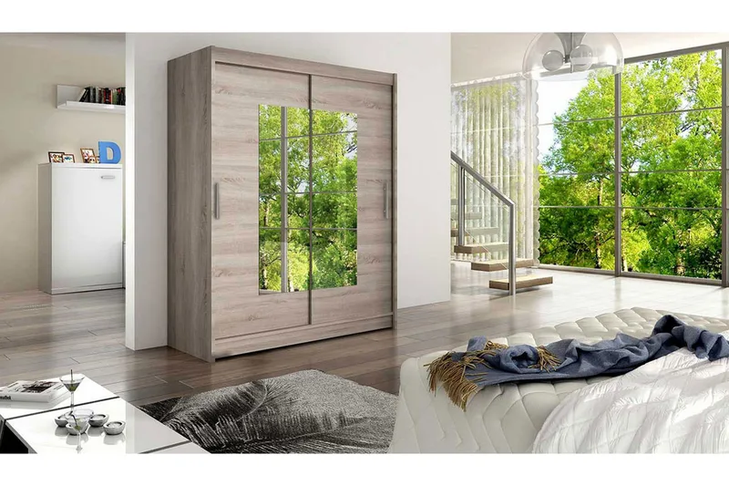 Leila Garderobe Skyvedører Smaltt Firekantet Speil - Eik - Oppbevaring - Garderober & garderobesystem